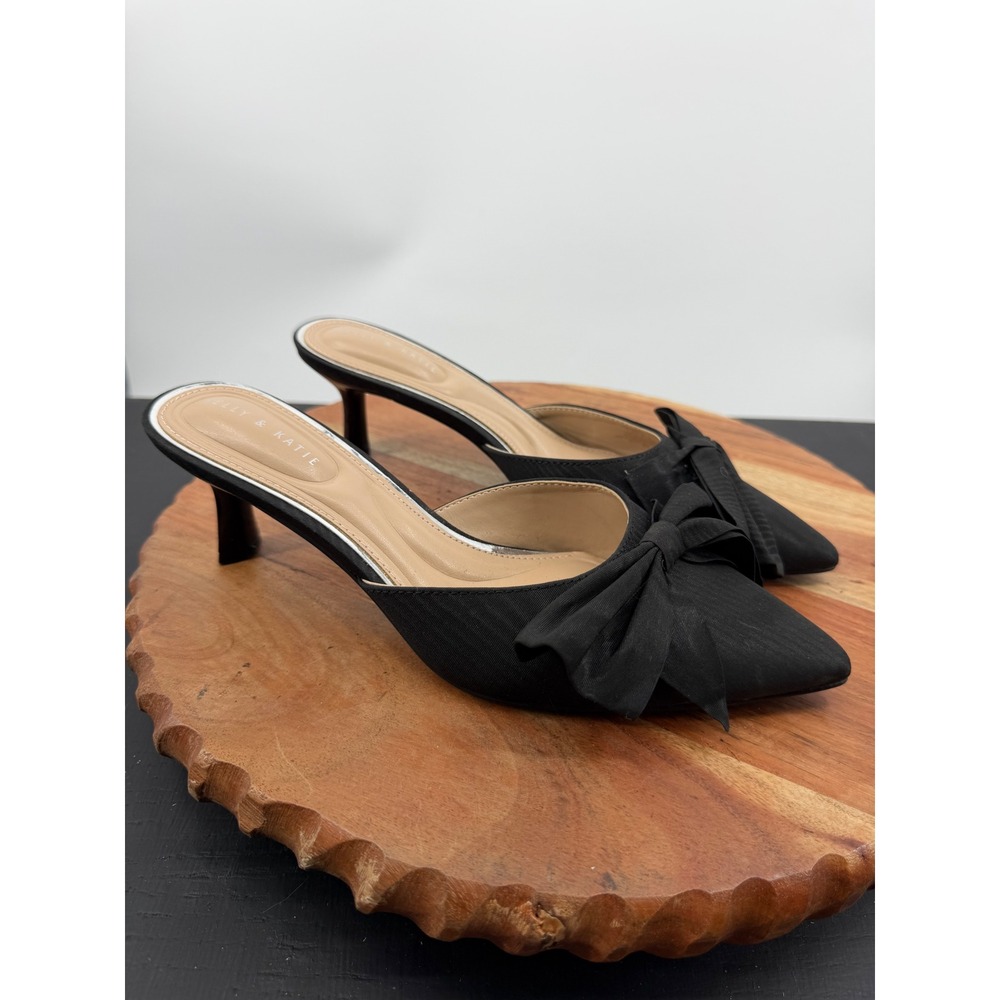 Kelly & Katie Jadot Mules Women 7.5 Black Pointed Toe Bow Kitten Heel Slip On